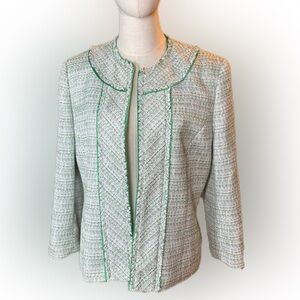 KASPER Blazer Jacket Size 12 Green White Tweed Open Front Lined Fringe